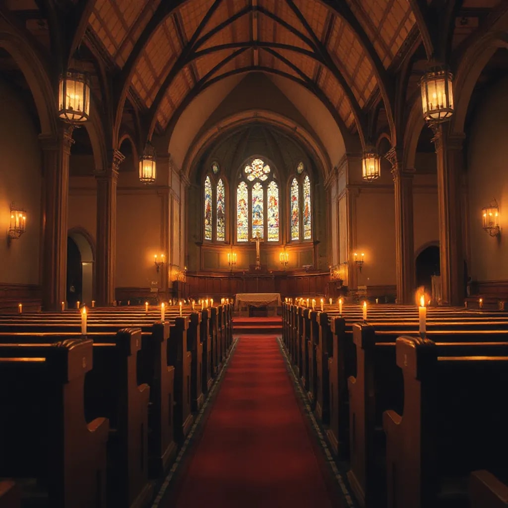 Serene interior of a church sanctuary with glowing candles